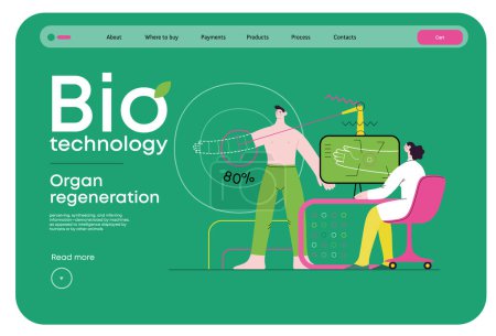 Bio Tecnología, regeneración de órganos moderno concepto de vector plano ilustración de una mano regeneración, tecnología futurista. Metáfora de la medicina regenerativa y la capacidad del cuerpo para autorrepararse