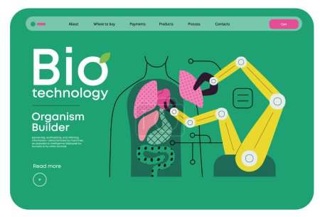 Téléchargez les illustrations : Bio Technology, Organism Builder illustration de concept vectoriel plat moderne de robot assemblant l'organisme à l'aide de blocs, des pièces représentant les systèmes d'organes. Métaphore de la médecine régénérative et de l'impression 3D - en licence libre de droit