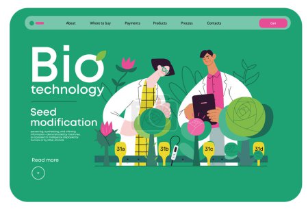 Illustration for Bio Technology, Seed Modification -modern flat vector concept illustration of scientists analysing genetic modificated variants of a plant. Metaphor of direct impact of GMO on vegetation - Royalty Free Image