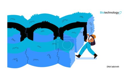 Téléchargez les illustrations : Bio Technology, DNA Labyrinthe concept vectoriel plat moderne illustration de la personne devant un labyrinthe sous la forme d'une double hélice ADN. Métaphore des subtilités et des défis de la recherche en génétique - en licence libre de droit