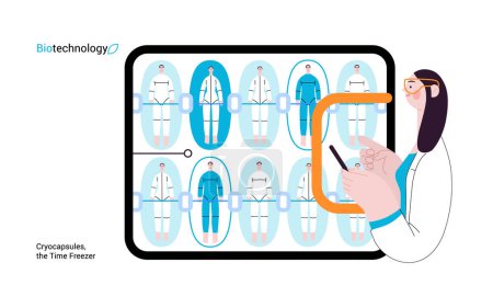Illustration for Bio Technology, Cryocapsule Time Freezer -modern flat vector concept illustration of futuristic cryocapsules resembling frozen time vaults. Metaphor of preserving life, time through cryonic technology - Royalty Free Image
