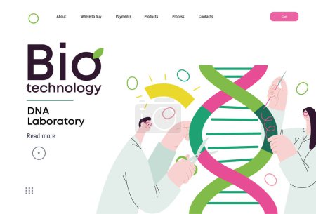 Illustration for Bio Technology, DNA Laboratory -modern vector concept illustration of scientists dissecting DNA double helix, manipulating and rearranging fragments. Metaphor of advancements in agriculture, medicine - Royalty Free Image