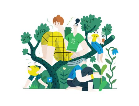 Ilustración de Verde, ecología moderna concepto de vector plano ilustración de las personas en un árbol, rodeado de plantas. Metáfora de la sostenibilidad y protección del medio ambiente, cercanía a la naturaleza - Imagen libre de derechos