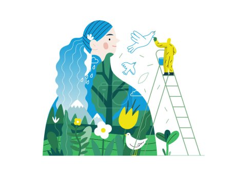 Ilustración de Verde, ecología moderna concepto de vector plano ilustración de un hombre pintando un mural de una mujer, compuesto con paisaje. Metáfora de la sostenibilidad y protección del medio ambiente, cercanía a la naturaleza - Imagen libre de derechos