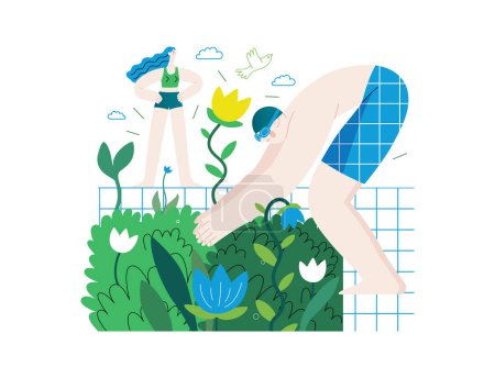 Téléchargez les photos : Verdure, écologie concept vectoriel plat moderne illustration des gens autour de la piscine de plantes et de fleurs. Métaphore de durabilité et de protection de l'environnement, proximité avec la nature - en image libre de droit