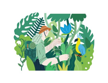 Téléchargez les photos : Verdure, écologie concept vectoriel plat moderne illustration d'une femme explorant la jungle et un oiseau sauvage dans un arbre. Métaphore de durabilité et de protection de l'environnement, proximité avec la nature - en image libre de droit