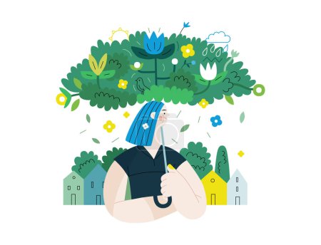 Téléchargez les illustrations : Verdure, écologie concept vectoriel plat moderne illustration d'une femme sous le parapluie vert luxuriant de plantes et de fleurs. Métaphore de durabilité et de protection de l'environnement, proximité avec la nature - en licence libre de droit