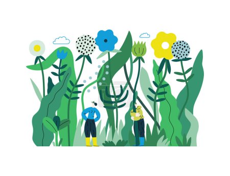 Verdure, écologie concept vectoriel plat moderne illustration de personnes minuscules dans l'herbe, entouré de plantes et de fleurs. Métaphore de durabilité et de protection de l'environnement, proximité avec la nature
