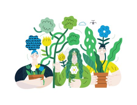Téléchargez les photos : Verdure, écologie concept vectoriel plat moderne illustration des personnes entourées de plantes et de fleurs. Métaphore de durabilité et de protection de l'environnement, proximité avec la nature - en image libre de droit