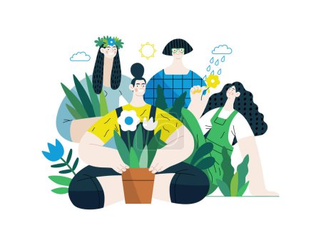 Ilustración de Verde, ecología moderna concepto de vector plano ilustración de las personas rodeadas de plantas y flores. Metáfora de la sostenibilidad y protección del medio ambiente, cercanía a la naturaleza - Imagen libre de derechos