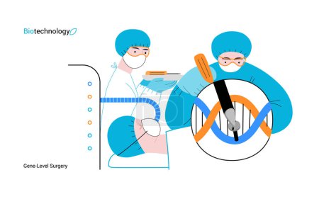 Ilustración de Bio Technology, Gene-Level Surgery moderno concepto de vector plano ilustración de modificaciones genéticas precisas en el leve molecular. Metáfora del tratamiento de trastornos genéticos y mejora de la salud humana - Imagen libre de derechos
