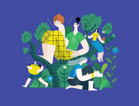 Téléchargez les illustrations : Verdure, écologie concept vectoriel plat moderne illustration des gens sur un arbre, entouré de plantes. Métaphore de durabilité et de protection de l'environnement, proximité avec la nature - en licence libre de droit