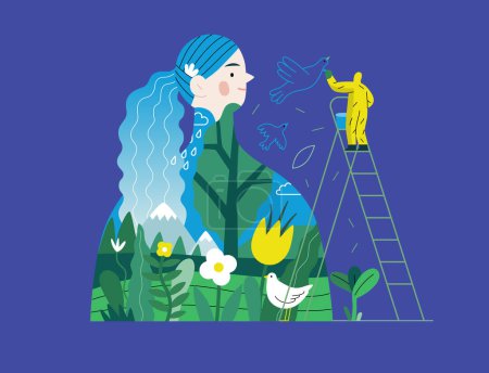 Greenery, ecology -modern flat vector concept illustration of a man painting a mural of a woman, composed with landscape. Metaphor of environmental sustainability and protection, closeness to nature