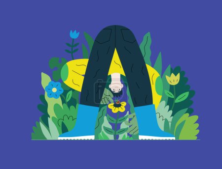 Ilustración de Verde, ecología moderna concepto de vector plano ilustración de un jardinero masculino que lleva las plantas. Metáfora de la sostenibilidad y protección del medio ambiente, cercanía a la naturaleza - Imagen libre de derechos