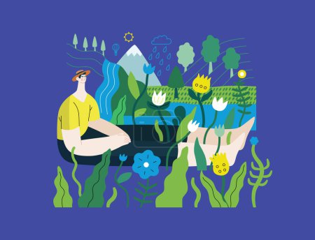 Téléchargez les illustrations : Verdure, écologie concept vectoriel plat moderne illustration d'un homme assis dans le paysage avec rivière et cascade. Métaphore de durabilité et de protection de l'environnement, proximité avec la nature - en licence libre de droit