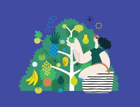 Ilustración de Verde, ecología moderna concepto de vector plano ilustración de una mujer recogiendo fruta de los 40 árboles frutales. Metáfora de la sostenibilidad y protección del medio ambiente, cercanía a la naturaleza - Imagen libre de derechos