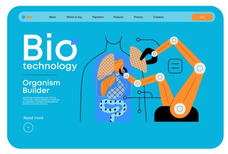 Ilustración de Bio Technology, Organism Builder-modern flat vector concept illustration of robot assembling organisms using blocks, parts representing organ systems. Metáfora de la medicina regenerativa y la impresión 3D - Imagen libre de derechos