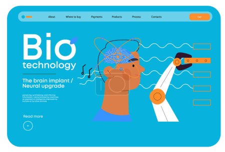 Illustration for Bio Technology, Brain implant, Neural upgrade -modern flat vector concept illustration of brain implant, integration, enhanced cognitive abilities. Pushing boundaries of potential, neural upgrades - Royalty Free Image