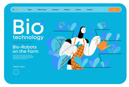 Ilustración de Bio Technology, Robot on farm -modern flat vector concept illustration of bio-robot engaged in agricultural activities. Metáfora de la robótica y la biotecnología integración, eficiencia, sostenibilidad - Imagen libre de derechos