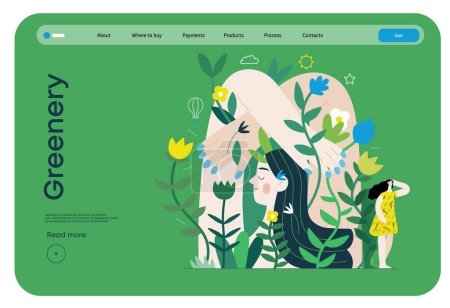 Illustration for Greenery, ecology -modern flat vector concept illustration of a mural of a woman, surrounded by plants. Metaphor of environmental sustainability and protection, closeness to nature - Royalty Free Image