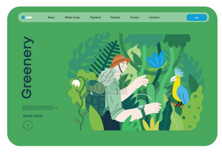 Ilustración de Verde, ecología moderna concepto de vector plano ilustración de una mujer que explora la selva y un pájaro salvaje en un árbol. Metáfora de la sostenibilidad y protección del medio ambiente, cercanía a la naturaleza - Imagen libre de derechos