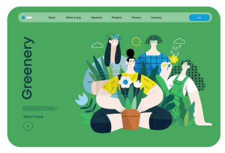 Illustration for Greenery, ecology -modern flat vector concept illustration of people surrounded by plants and flowers. Metaphor of environmental sustainability and protection, closeness to nature - Royalty Free Image