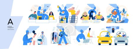 Illustration for Artificial intelligence, modern flat vector concept illustrations of AI effectively replacing humans in they everyday life. Metaphor of AI advantage, superiority and dominance concept - Royalty Free Image