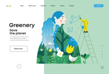 Illustration for Greenery, ecology -modern flat vector concept illustration of a man painting a mural of a woman, composed with landscape. Metaphor of environmental sustainability and protection, closeness to nature - Royalty Free Image