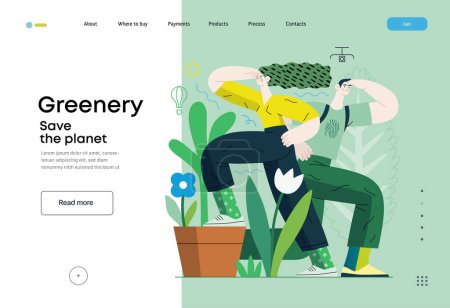 Illustration for Greenery, ecology -modern flat vector concept illustration of observing people surrounded by plants. Metaphor of environmental sustainability and protection, closeness to nature - Royalty Free Image