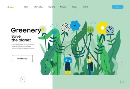 Illustration for Greenery, ecology -modern flat vector concept illustration of tiny people in the grass, surrounded by plants and flowers. Metaphor of environmental sustainability and protection, closeness to nature - Royalty Free Image