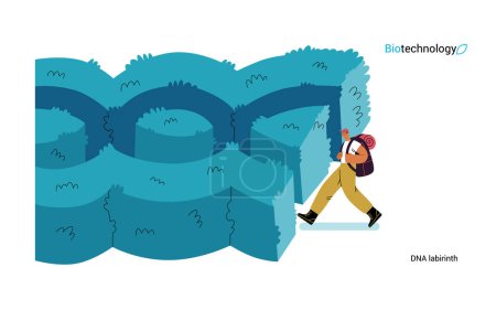 Illustration for Bio Technology, DNA Labyrinth -modern flat vector concept illustration of person in front of a labyrinth in the form of a double helix DNA. Metaphor of intricacies and challenges of genetic research - Royalty Free Image