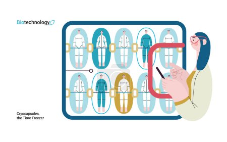 Téléchargez les illustrations : Bio Technology, Cryocapsule Time Freezer illustration de concept vectoriel plat moderne de cryocapsules futuristes ressemblant à des voûtes de temps gelées. Métaphore de la préservation de la vie, le temps grâce à la technologie cryonique - en licence libre de droit