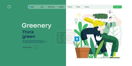 Illustration for Greenery, ecology -modern flat vector concept illustration of observing people surrounded by plants. Metaphor of environmental sustainability and protection, closeness to nature - Royalty Free Image