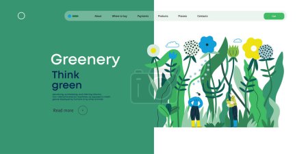 Illustration for Greenery, ecology -modern flat vector concept illustration of tiny people in the grass, surrounded by plants and flowers. Metaphor of environmental sustainability and protection, closeness to nature - Royalty Free Image