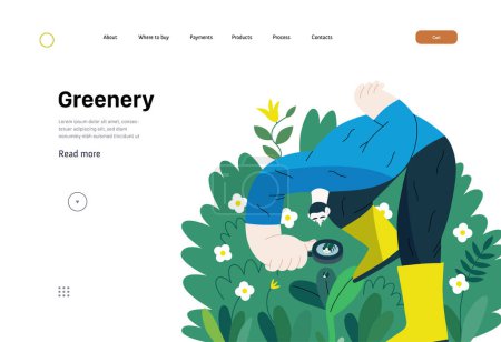 Illustration for Greenery, ecology -modern flat vector concept illustration of a man in plants, looking at the bug through the lens. Metaphor of environmental sustainability and protection, closeness to nature - Royalty Free Image