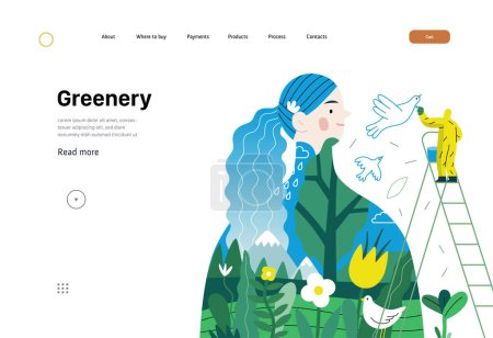 Greenery, ecology -modern flat vector concept illustration of a man painting a mural of a woman, composed with landscape. Metaphor of environmental sustainability and protection, closeness to nature
