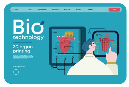 Bio Tecnología, impresión de órganos 3D moderno concepto de vector plano ilustración de impresora 3D creando un corazón humano. Metáfora de la tecnología en el trasplante de órganos y el futuro de la medicina regenerativa