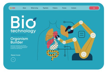 Téléchargez les photos : Bio Technology, Organism Builder illustration de concept vectoriel plat moderne de robot assemblant l'organisme à l'aide de blocs, des pièces représentant les systèmes d'organes. Métaphore de la médecine régénérative et de l'impression 3D - en image libre de droit
