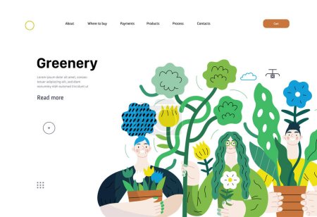 Illustration for Greenery, ecology -modern flat vector concept illustration of people surrounded by plants and flowers. Metaphor of environmental sustainability and protection, closeness to nature - Royalty Free Image