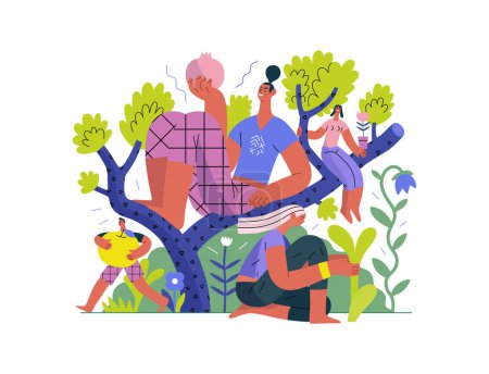 Ilustración de Verde, ecología moderna concepto de vector plano ilustración de las personas en un árbol, rodeado de plantas. Metáfora de la sostenibilidad y protección del medio ambiente, cercanía a la naturaleza - Imagen libre de derechos