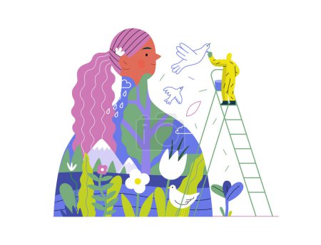 Ilustración de Verde, ecología moderna concepto de vector plano ilustración de un hombre pintando un mural de una mujer, compuesto con paisaje. Metáfora de la sostenibilidad y protección del medio ambiente, cercanía a la naturaleza - Imagen libre de derechos
