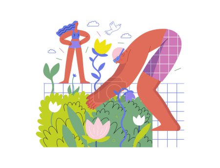 Verde, ecología moderna concepto de vector plano ilustración de las personas alrededor de la piscina de plantas y flores. Metáfora de la sostenibilidad y protección del medio ambiente, cercanía a la naturaleza