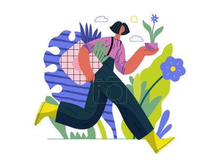 Illustration for Greenery, ecology -modern flat vector concept illustration of a woman running with a eco bag and a flower in the pot. Metaphor of environmental sustainability and protection, closeness to nature - Royalty Free Image