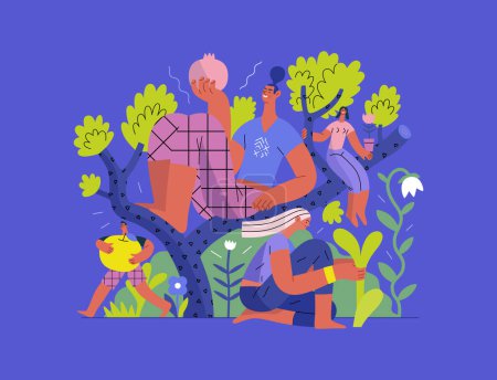 Verde, ecología moderna concepto de vector plano ilustración de las personas en un árbol, rodeado de plantas. Metáfora de la sostenibilidad y protección del medio ambiente, cercanía a la naturaleza