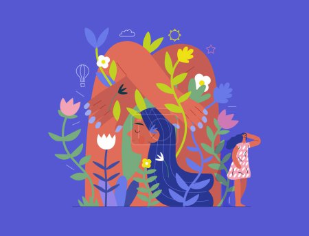 Téléchargez les illustrations : Verdure, écologie concept vectoriel plat moderne illustration d'une murale d'une femme, entourée de plantes. Métaphore de durabilité et de protection de l'environnement, proximité avec la nature - en licence libre de droit