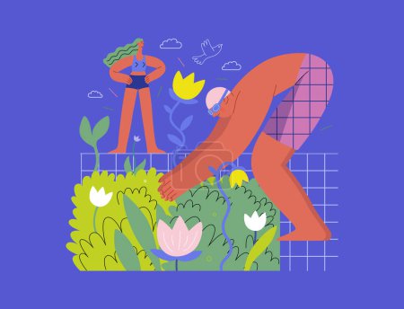 Illustration for Greenery, ecology -modern flat vector concept illustration of people around the swimming pool of plants and flowers. Metaphor of environmental sustainability and protection, closeness to nature - Royalty Free Image