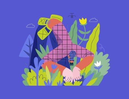 Illustration for Greenery, ecology -modern flat vector concept illustration of a female gardener carrying the plants. Metaphor of environmental sustainability and protection, closeness to nature - Royalty Free Image