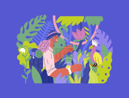 Téléchargez les illustrations : Verdure, écologie concept vectoriel plat moderne illustration d'une femme explorant la jungle et un oiseau sauvage dans un arbre. Métaphore de durabilité et de protection de l'environnement, proximité avec la nature - en licence libre de droit