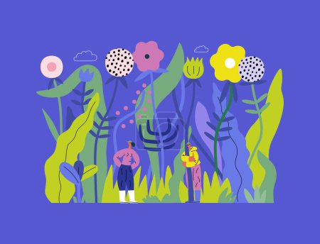 Ilustración de Verde, ecología moderna concepto de vector plano ilustración de personas diminutas en la hierba, rodeado de plantas y flores. Metáfora de la sostenibilidad y protección del medio ambiente, cercanía a la naturaleza - Imagen libre de derechos