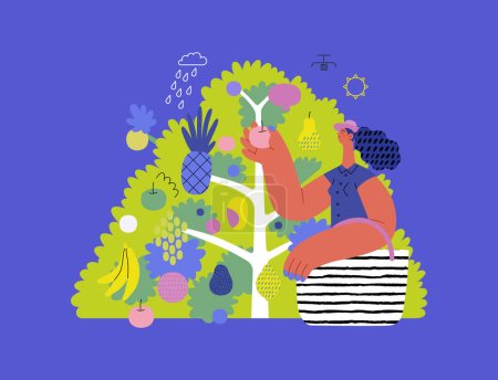 Illustration for Greenery, ecology -modern flat vector concept illustration of a woman gathering fruit from the 40 fruit tree. Metaphor of environmental sustainability and protection, closeness to nature - Royalty Free Image